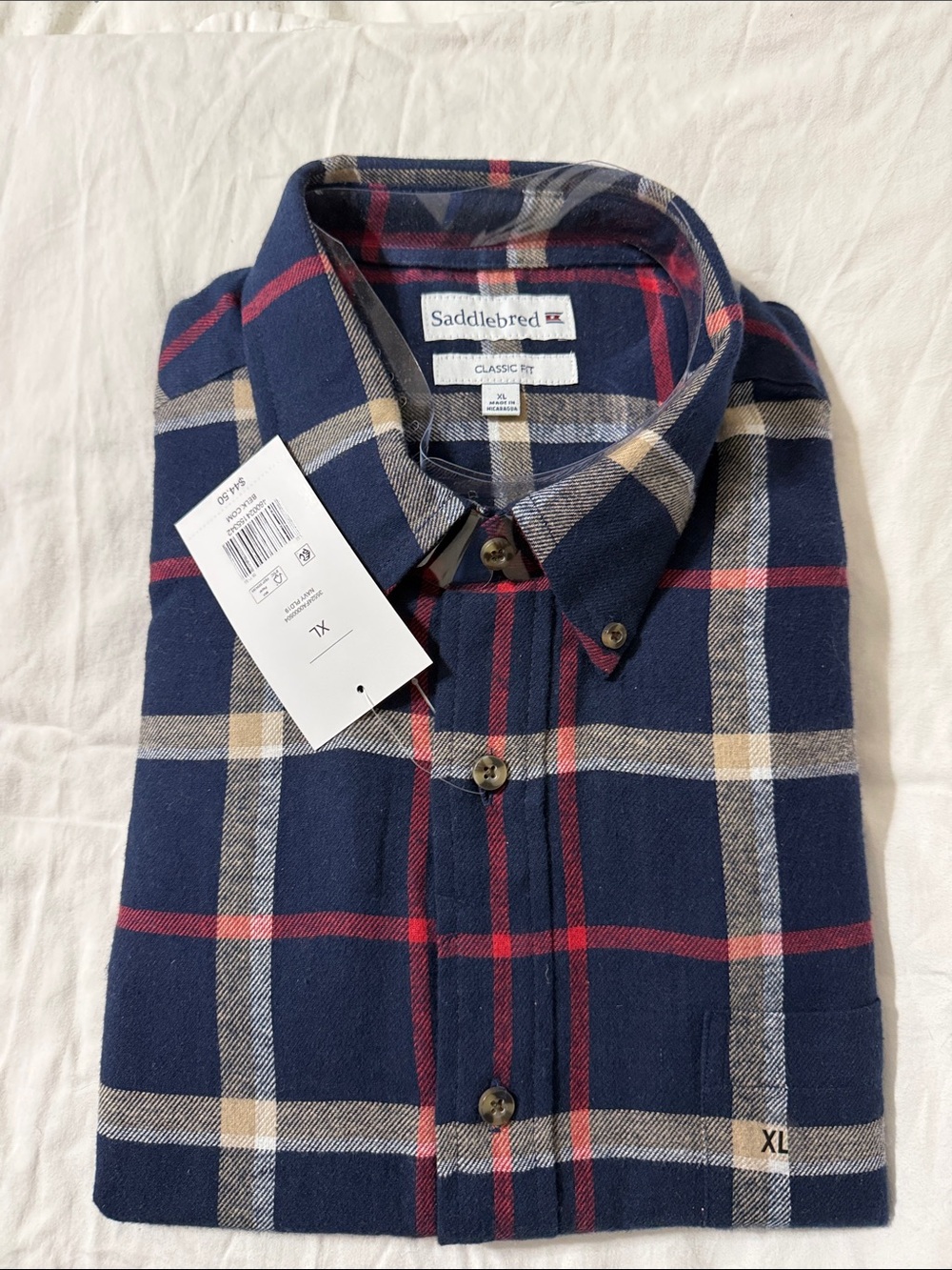 Saddlebred Navy Plaid Button-Down Shirt with Red and Tan Stripes
